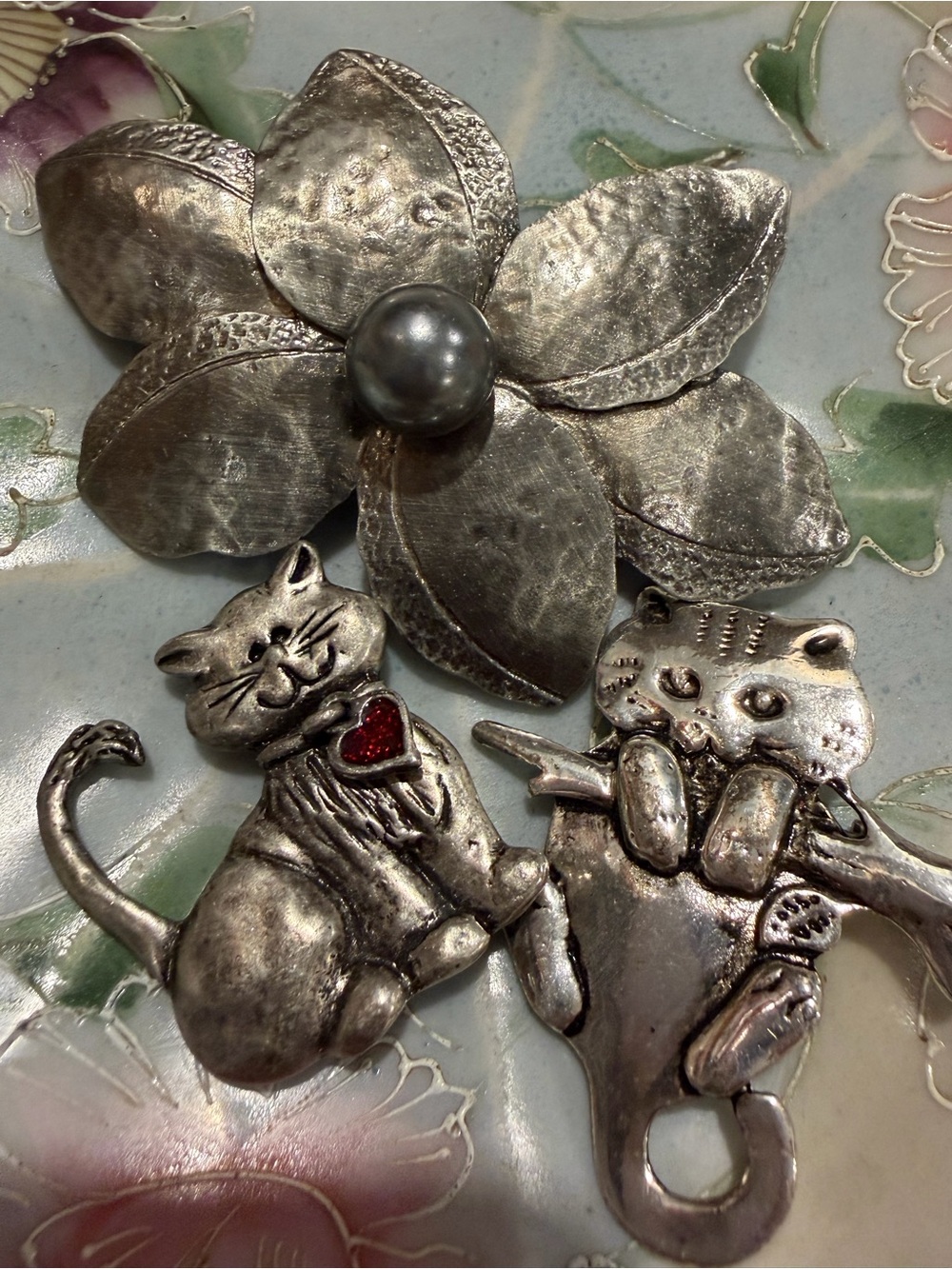 Pewter Brooch Set with Flower Accent - Silver Finish